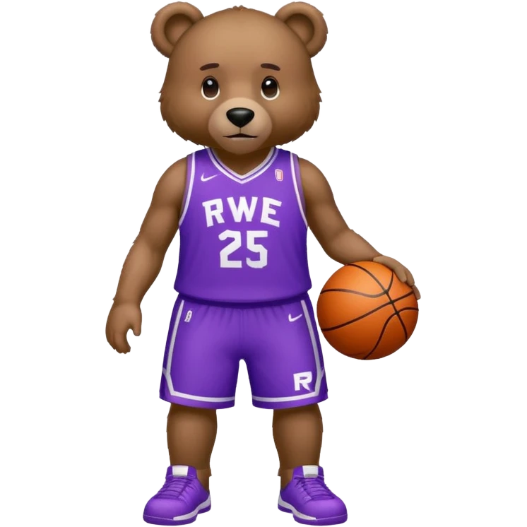 Bear with full body and wearing basketball white and purple jersey that says RWE  emoji