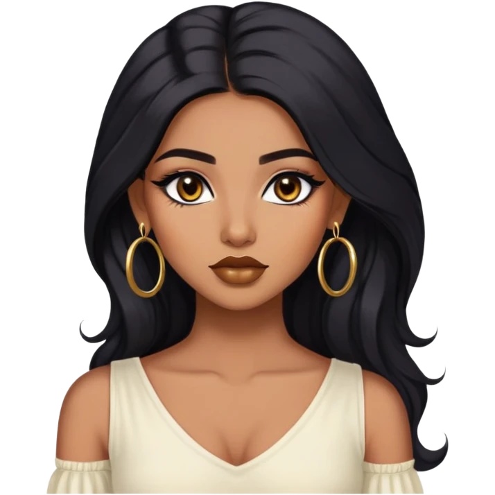 indian girl, brown skin, long black voluminous hair, brown underneath colored hair, baddie,pretty, makeup, lipliner, black eyeliner, gold hoop earrings, white top emoji