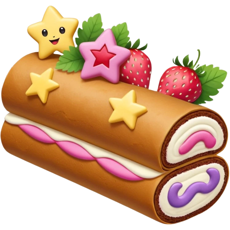 a cake roll with yellow pink and purple star on both side of cheeks do there 6 star in a then it has white frosted cream on the top of the brown cake roll and he’s kiss a strawberry with long green leafs  emoji