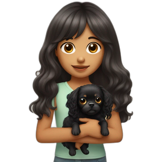 young girl with long wavy hair and bangs holding her little black chichuachua dog emoji