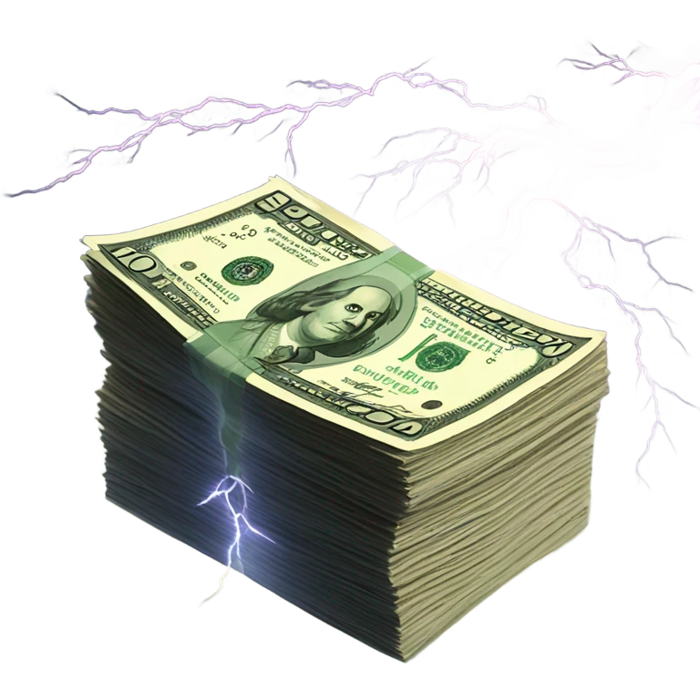 $100 bills stack and lightning emoji