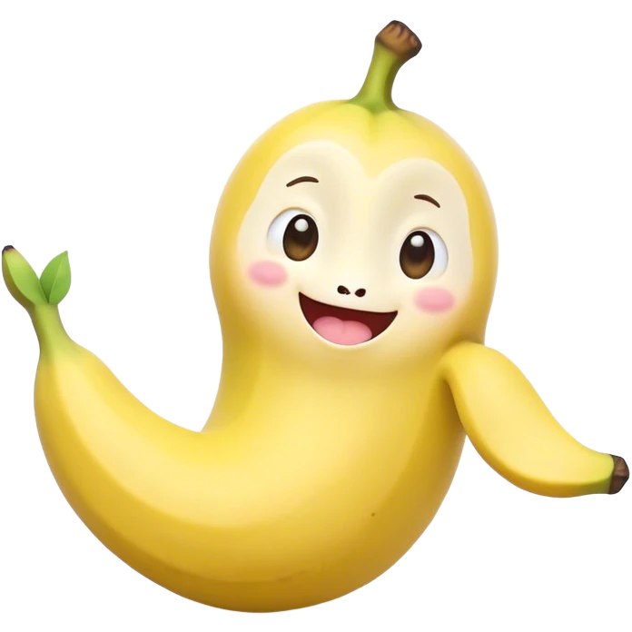 Cute Kawaii Banana, slightly curved, soft pastel yellow, cute giggling face with big round eyes, tiny arms waving happily, a peeled section revealing a smiling expression! emoji