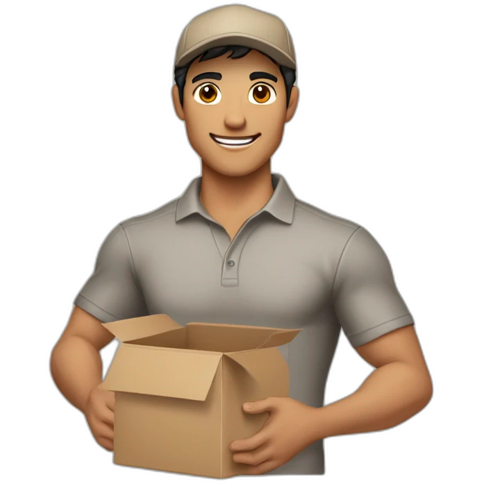 Tan skinned fit Man with black hair in a brown cap, gray jeans and beige polo T-shirt keeping a pasted box into his hands emoji