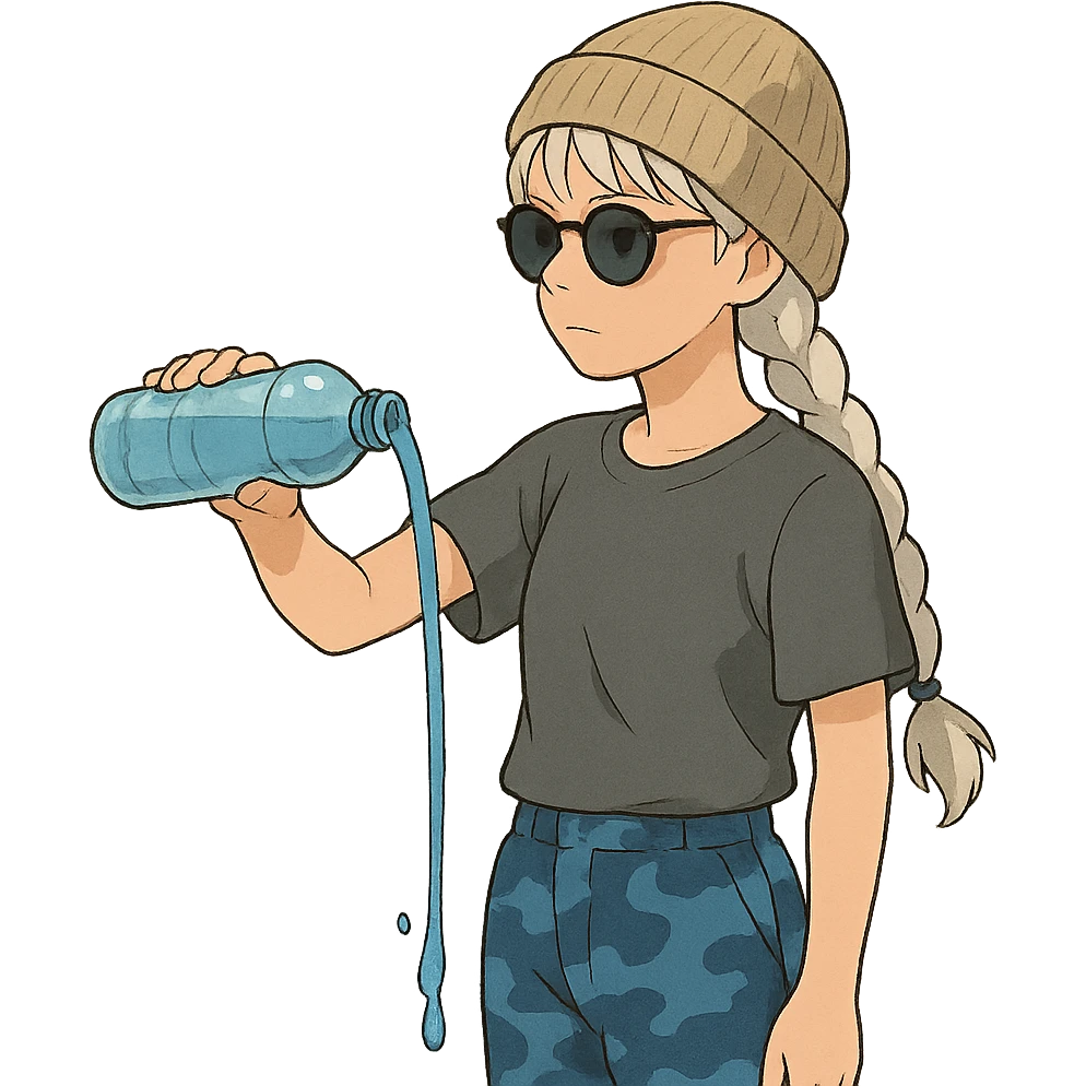 1 female, long white braid, knit cap, dark sunglasses, GRAY T-SHIRT, blue camo pants, POURING OUT A WATER BOTTLE emoji