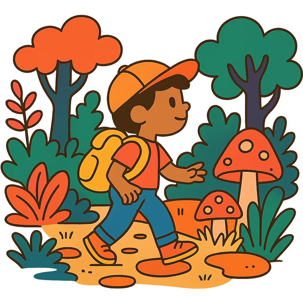 child with backpack exploring an enchanted forest emoji