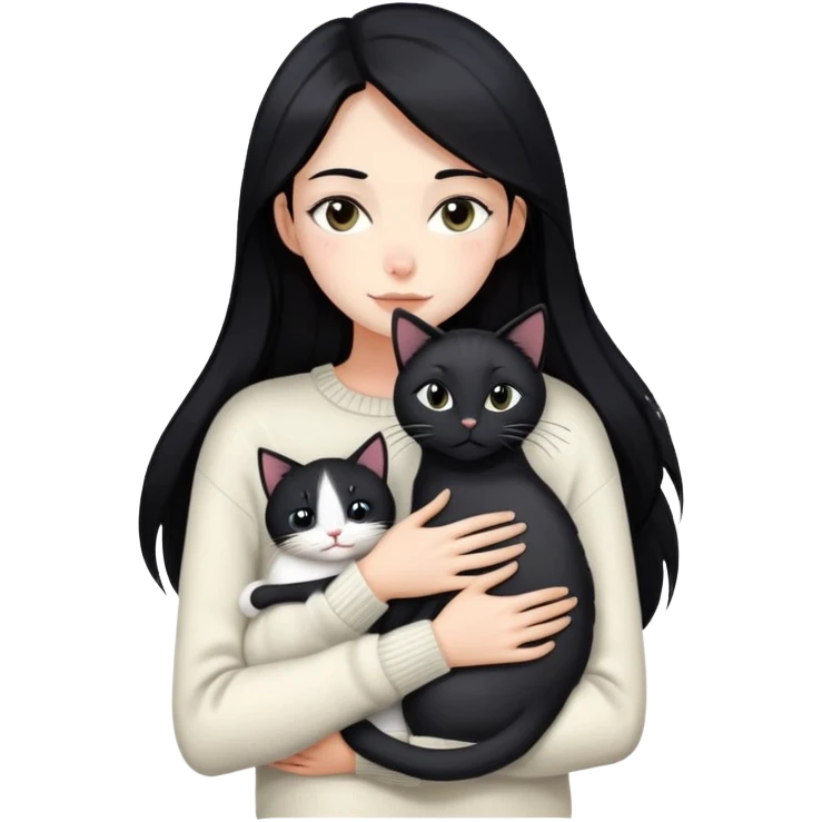 Beautiful skinny woman long dark black hair in sweater hug black white cat emoji
