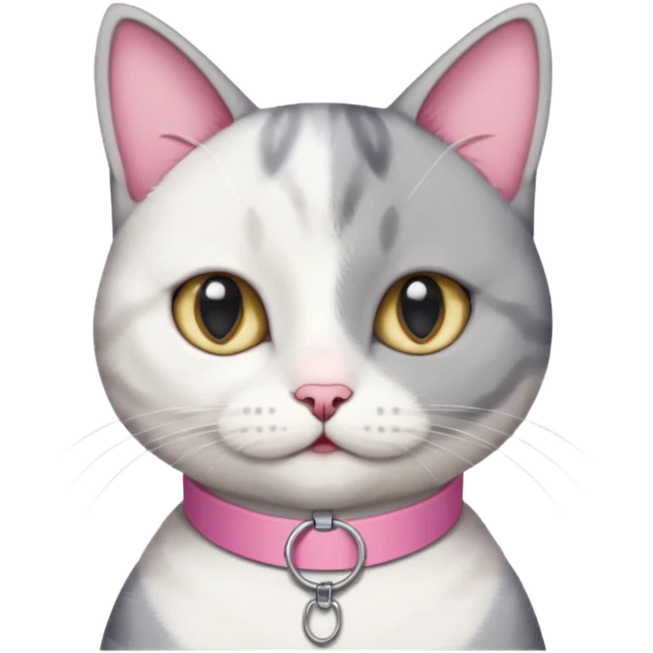 grey and white cat with name tag that says bean emoji