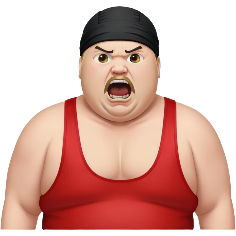 Extreme close-up of face of morbidly obese white skin guy with young face, prominent BLACK DURAG tied clearly on head, black beard but no mustache, clean shaven upper lip, black eyes in a red and black wrestling singlet with mouth wide open screaming angrily emoji