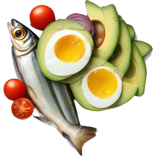 Canned sardines with avocado, red onions and tomato breakfast entree on plate emoji