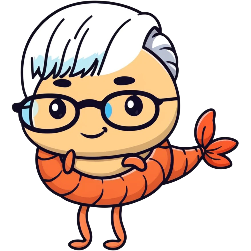 a little shrimp that is old with white hair and glasses, elderly shrimp character with white eyebrows and hair, wearing round glasses emoji