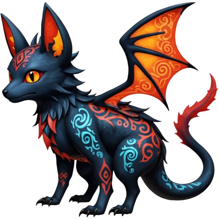 Shiny Fiery Dark Ugly Evil Realistic Glowing Eldritch Horror Cool Edgy Badass Emo Demonic Batty Dusky Ethereal Punky Aural Bioluminescent Hideous Canine-Litten-Amaura-Salandit-Noibat-Flareon-Fakémon-fusion (full body) with intricate pattern markings emoji