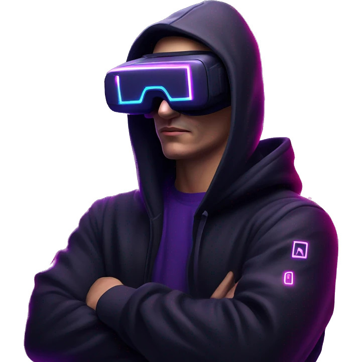 Russian man wearing a black hoodie with "OMG" letters on it and VR headset in a cyberpunk VR environment with violet neon lighting. emoji