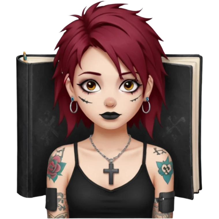 generate an ios genmoji of a girl with dark red messy hair with eyeliner on her eyes.  septum piercing, wearing a cami black top, has tattoos, on shoulders. ear piercings. wearing a cross silver necklace. Holding an overfilled sketchbook emoji