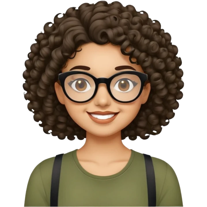 Young Latina with light brown skin. Cheerful round face. Brown eyes behind black glasses. Thick natural eyebrows. Curly hair reaching shoulders, voluminous with defined curls. Big smile showing dimples. Wearing olive green shirt with wide straps. emoji