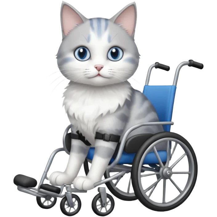 disabled grey and white cat using cat wheelchair emoji