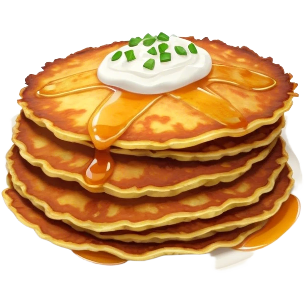Cinematic Realistic Placki Ziemniaczane Dish Emoji, depicted as crispy potato pancakes served with sour cream rendered with vivid textures and warm, appetizing lighting. emoji