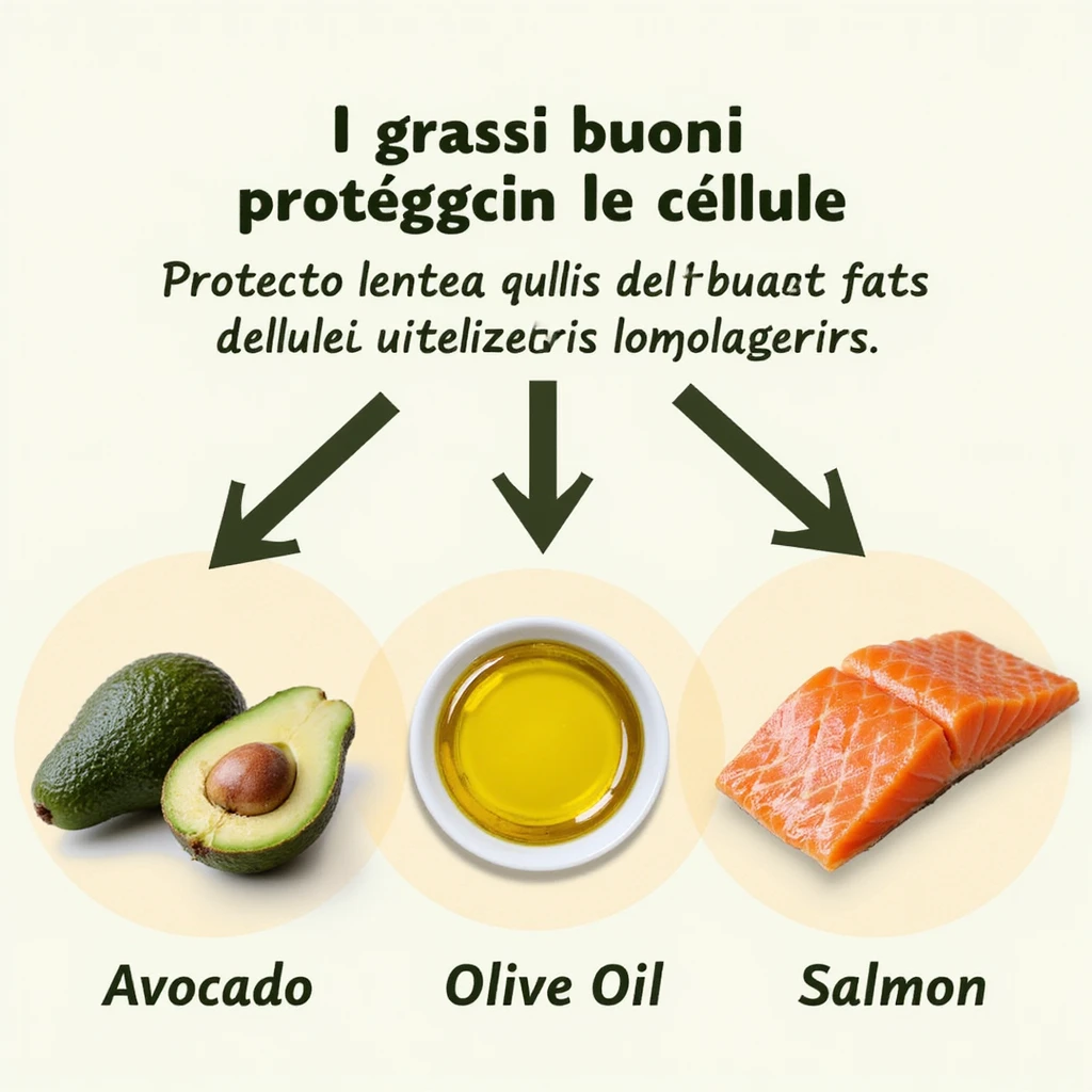 realistic infographic showing cell membranes protected by healthy fats (avocado, olive oil, salmon), arrows showing protective action, educational style, Italian caption 'I grassi buoni proteggono le cellule', colorful background emoji