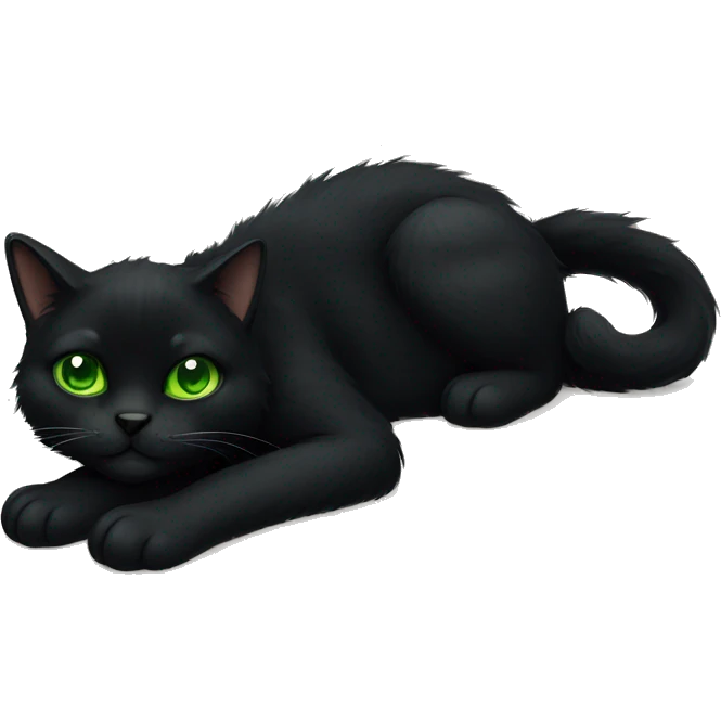 Black furry cat fully body laying down with green eyes emoji