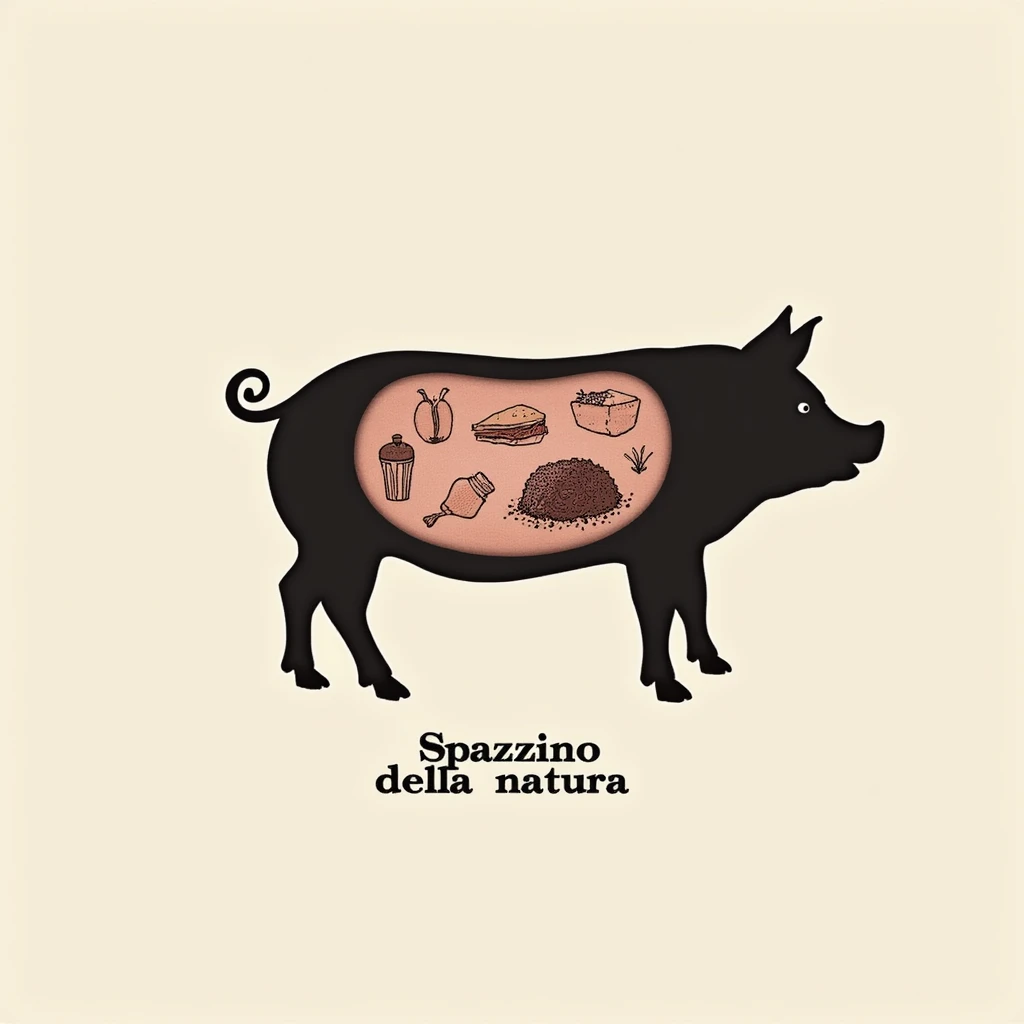 symbolic scene silhouette of a pig with drawings of leftovers and feces in the stomach, Italian text 'Spazzino della natura', neutral background, 4K quality emoji