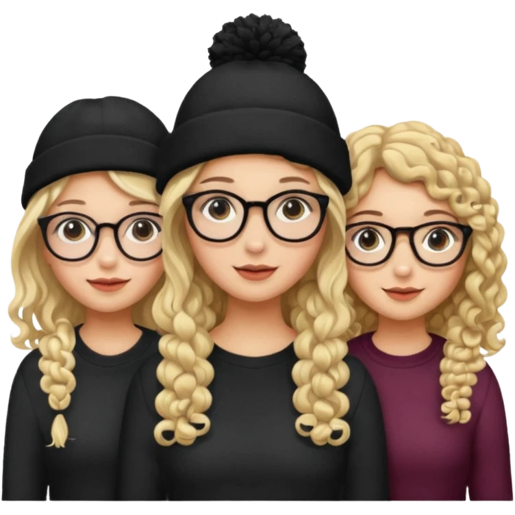 3 girl friends, one with glasses and blonde hair, one with curly dark hair and one with a black beanie emoji