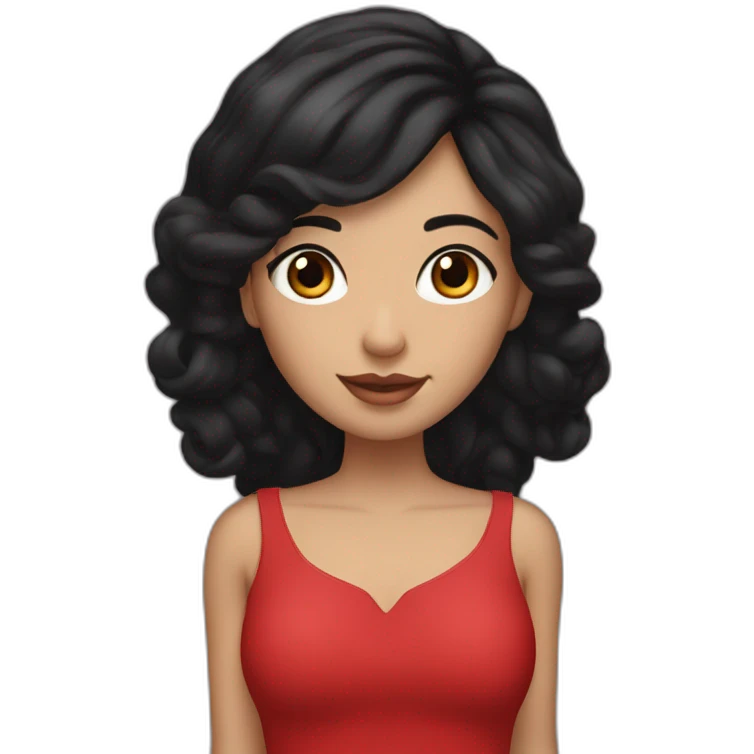 A girl with black hair and brown eyes, with long eyelashes, a loose red dress and red and black pants with star earrings. emoji