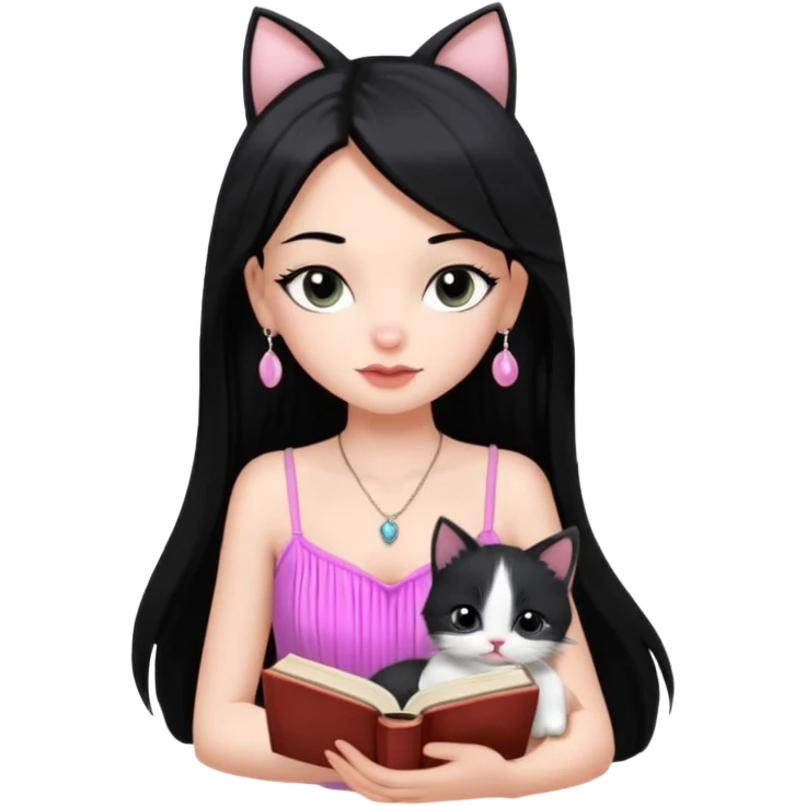 Menina branca ,cabelos cor preta longos, olhos cor preta puxados para cima. Cílios longos, lábios grossos ,nariz pequeno ,vestido rosa claro de alça. Colar e brinco bem pequeno. Lendo um livro com gatinho preto e branco. emoji