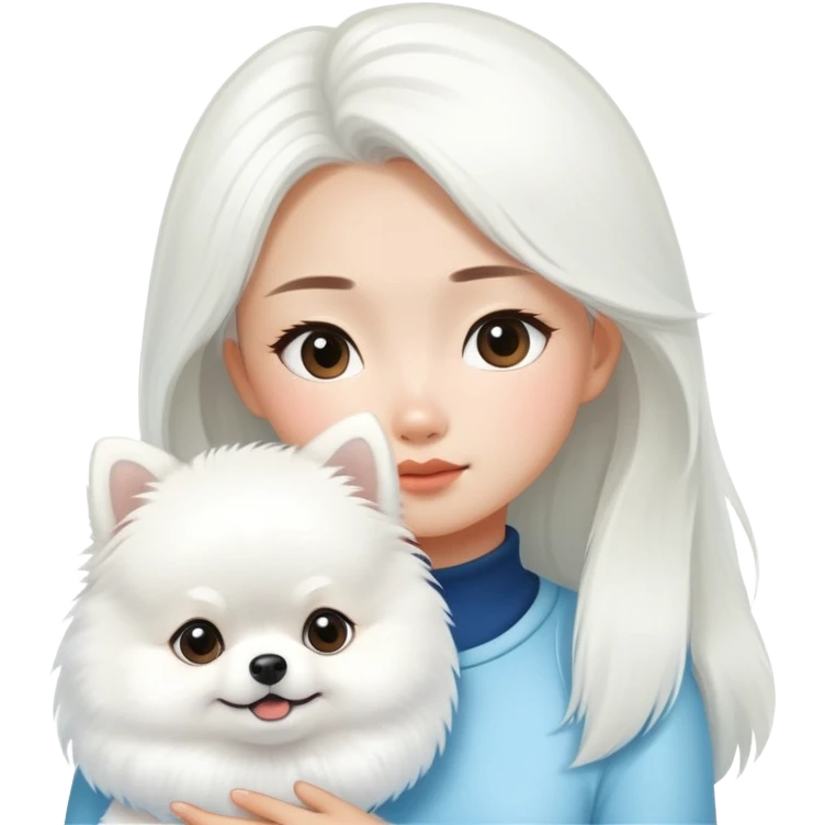 Asian girl look at arctic white Pomeranian  emoji
