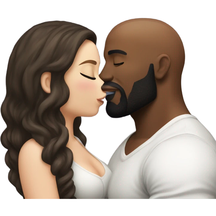 Curvy White brunette kissing muscular black bald man with beard emoji