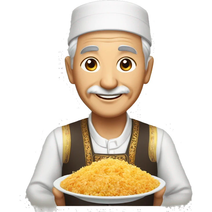 smiling uzbek old man with national outfit chapon serving pilaf emoji