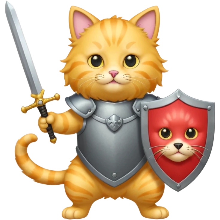 Yellow cat holding a sword jumping to attack a grey poodle holding a shield in defense  emoji