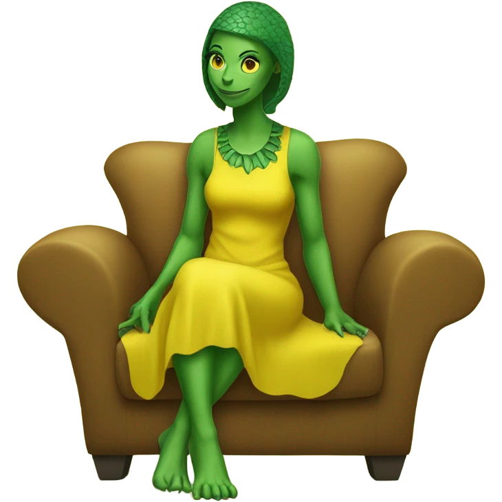 alien reptilian woman in jellow dress, sitting on a couch  emoji