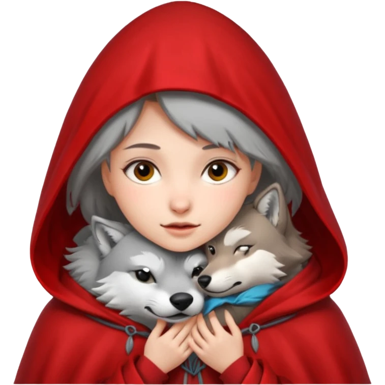 Niña del cuento de caperucita roja acariciando la cabeza de un lobo macho emoji