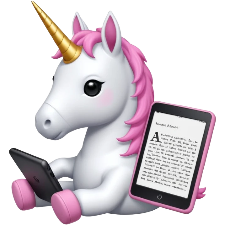 Unicorno peluche bianco con corno rosa brillantato con sulla testa un paio di cuffie e un Amazon Kindle in mano emoji