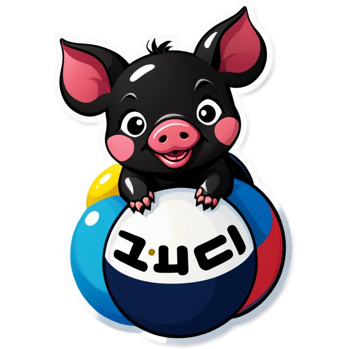 A black piglet lying on 4 balls with "luck” written on it in korean style emoji