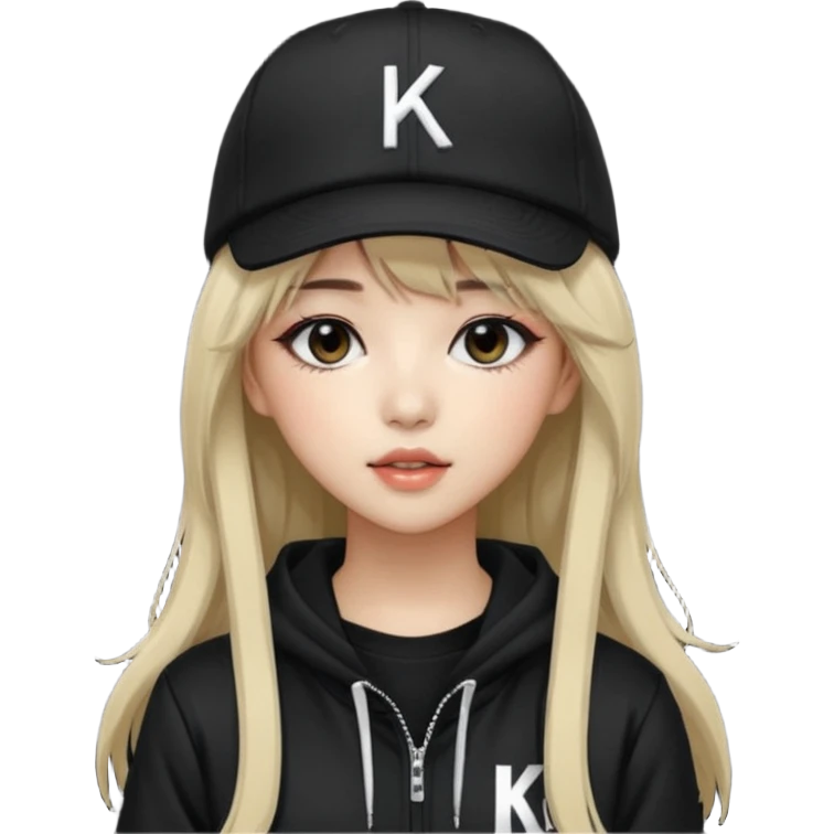 Portrait of a female K-pop idol, wearing a stylish streetwear outfit with layered clothing, long hair with bangs, makeup, wearing a black cap emoji