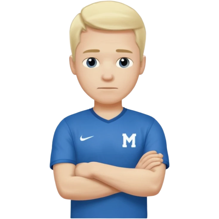 Pale blond man in blue football t shirt crossed arms from cold emoji