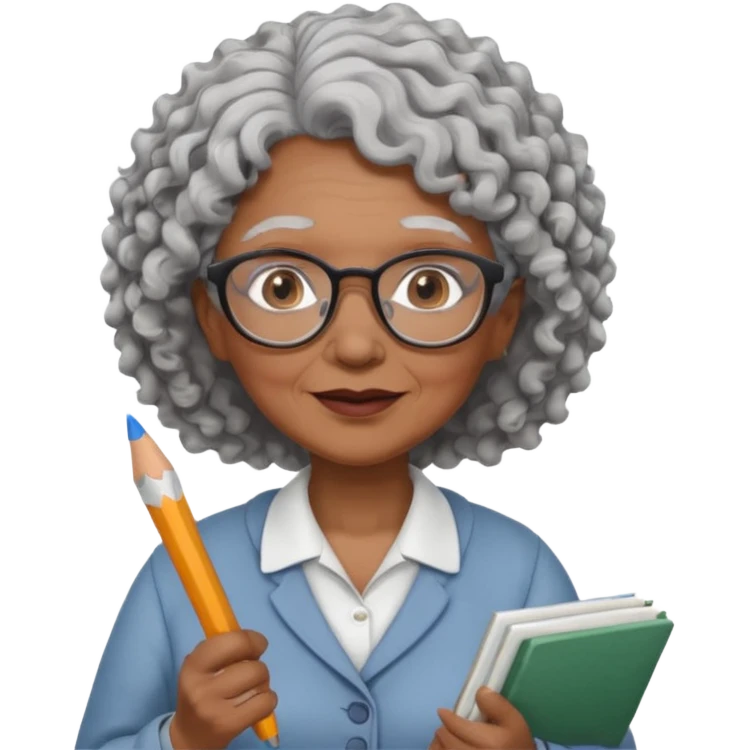 old woman teacher, brown skin, curly grey white hai, wearing glasses, hold chalk on hand emoji