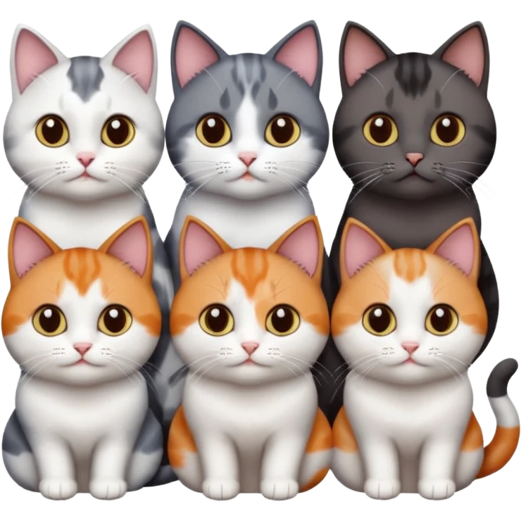 4 different coloured short haired cats including; a dark brown and white cat, and a dark grey and white, and a calico emoji