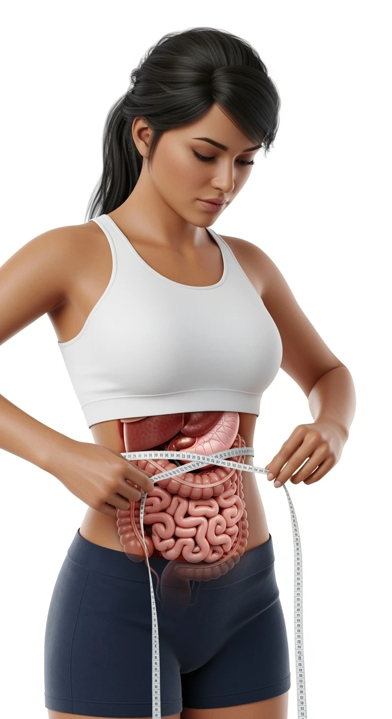 DONNA CHE SI STRINGE I FIANCHI CON LE MANI PER MISURARLI, INTESTINO ANATOMICO REALISTICO IN EVIDENZA, iperrealistico 4k, SENZA METRO, ISOLATA SU SFONDO BIANCO emoji