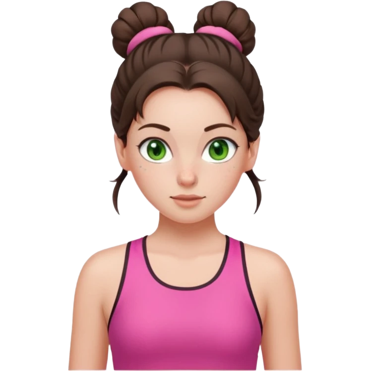a white brunette girl with green eyes and freckles going for a run in a pink outfit with hair up in bun emoji