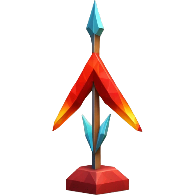 An archery arrow sculpture with a geometric, faceted design. The symbol is standing upright with angular and disney features. The vibrant red flame colors highlights the sharp edges and planes. emoji