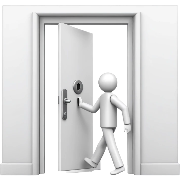 minimalistic icon of a white human figure walking through an open outlined door, viewed from the front, door with visible doorknob, solid green background, flat simple clean lines, high contrast emoji