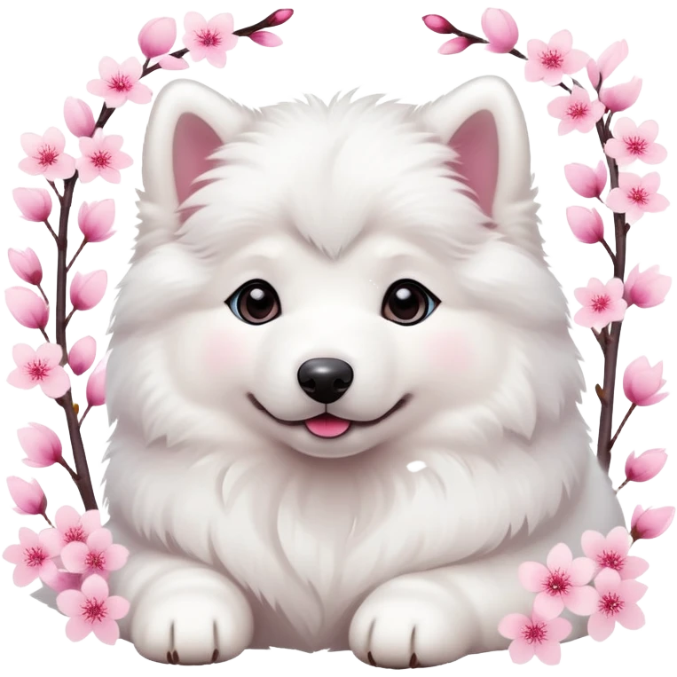 A cute  little  white Samoye and cherry blossom emoji