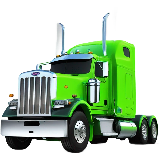 neon green peterbilt semi truck lowered on the ground with large chrome wheels and chrome smoke stacks emoji