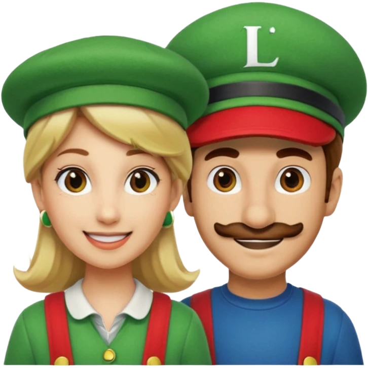 blonde female Luigi (with the Luigi green hat with an L on it) and a normal brown hair male Mario with the red hat with a M on it. They are friends just smiling emoji