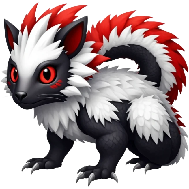 a white exotic edgy vernid-fionbr-Fakémon-creature, with black belly and red eyes, full body emoji