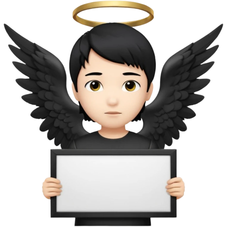 Asian Boy Angel with black hair black eyes black halo and black wings holding a large blank sign emoji