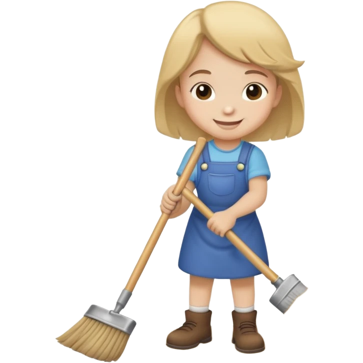 child sweeping up dust, smiling and helpful emoji