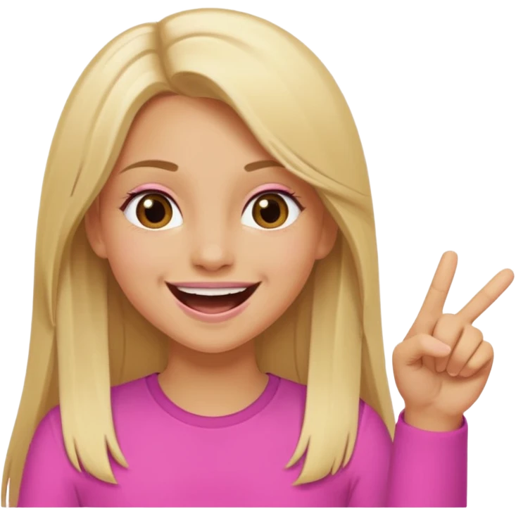 blonde tan girl with long straight hair brown eyes laughing and pointing straight wearing pink  emoji