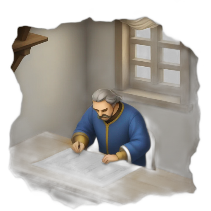 medieval architect working, overseeing a floor plan laid out on a piece of paper emoji